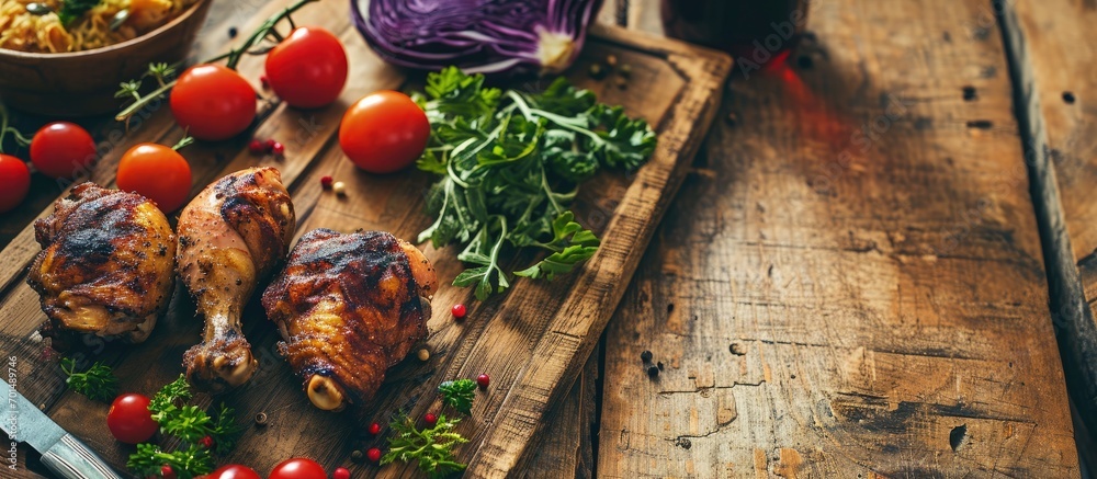Poster Roasted chicken drumsticks with cabbage and tomatoes high angle view on rustic wooden table. Creative Banner. Copyspace image
