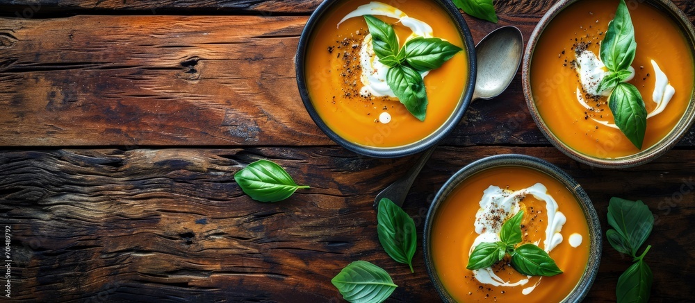 Poster pumpkin soup with cream spices and basil in two serving bowls on a natural wooden background autumn 