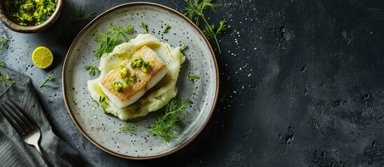 Modern style traditional fried skrei cod fish filet with mashed potato cream and coriander lime relish served as top view on Nordic design plate with copy space. Creative Banner. Copyspace image - obrazy, fototapety, plakaty