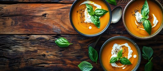 Pumpkin soup with cream spices and basil in two serving bowls on a natural wooden background Autumn vegetarian soup Top view copy space. Creative Banner. Copyspace image