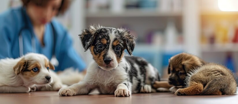 Vet examining dog and cat Puppy and kitten at veterinarian doctor Animal clinic Pet check up and vaccination Health care. Creative Banner. Copyspace image