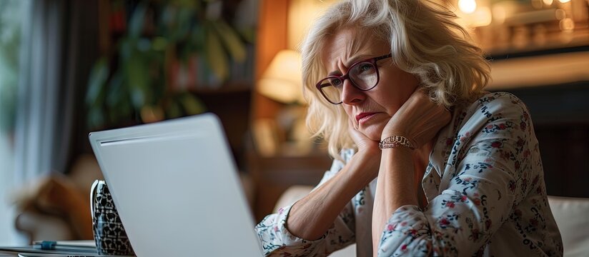 Pretty Middle Aged Woman Working Late In The Day On A Laptop Computer At Home Running A Business From Home Working Remotely Getting Frustrated. Creative Banner. Copyspace Image