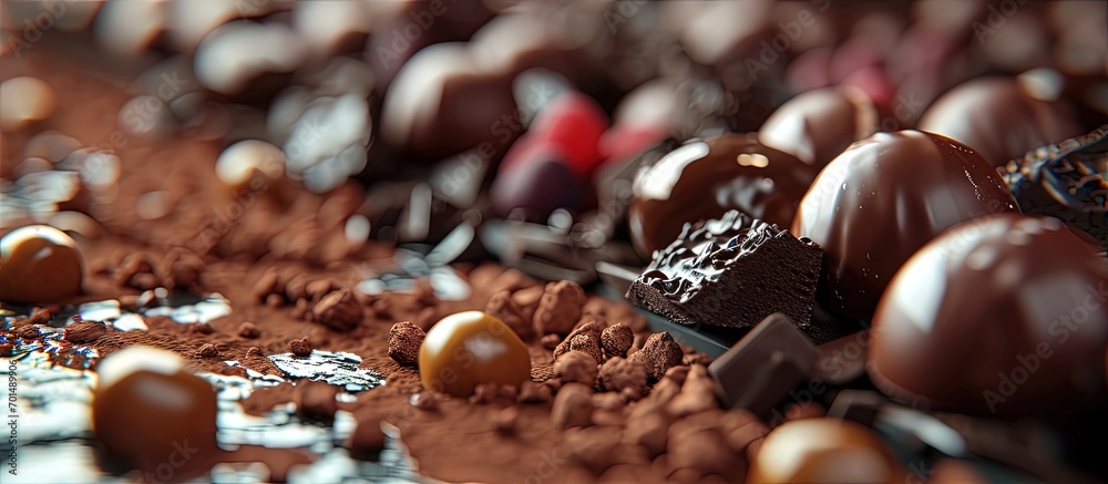 Poster sweets candy on chocolate factory conveyor process cocoa glazing marzipan. creative banner. copyspac