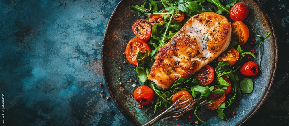 Poster tasty roasted fish fillet arctic char and fresh vegetables close up on a plate horizontal view from 