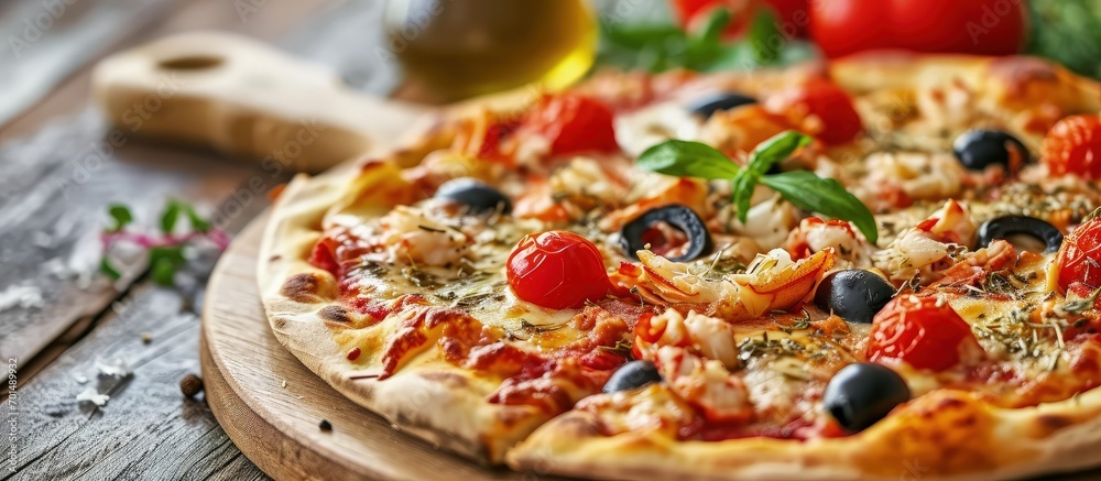 Poster traditional italian pizza with crab sticks and olives top view free space for your text rustic style