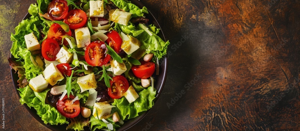 Aufkleber tomato salad with lettuce cheese and mustard and garlic dressing top view. creative banner. copyspac