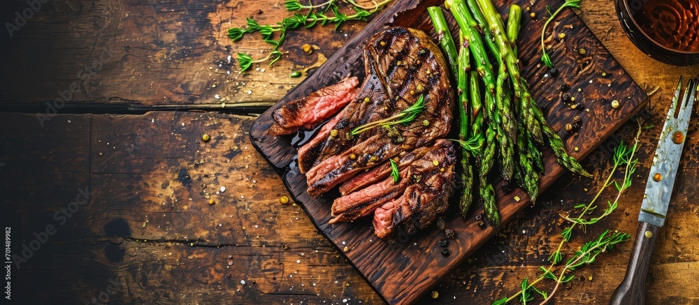 Poster medium rare grilled tomahawk beef steak with asparagus flat lay with copy space. creative banner. co
