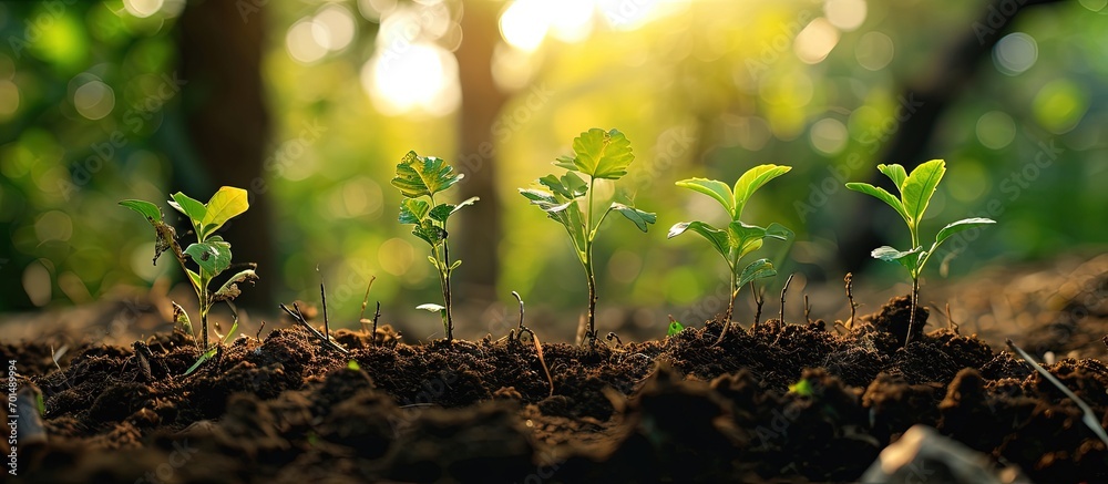 Poster Planting trees with to grow in the soil on greenery background Network and connection concept. Creative Banner. Copyspace image
