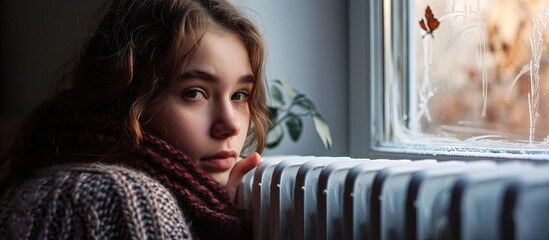 teenage girl in warm clothes scarf and hat sits near heating radiator on parquet floor at home legs crossed she warms up in cold house Keep warm near radiator in cold house. Creative Banner