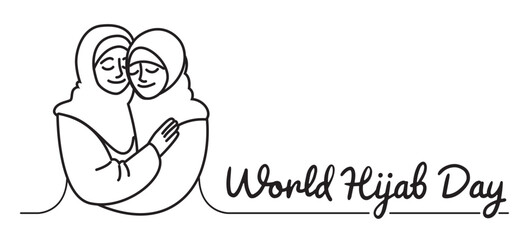 Covered girls in hijab hugging. International Hijam Day. Two Muslim women are smiling. Flat; cartoon; vector.