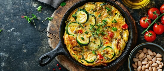 Spanish potato omelette made with white beans and zucchini. Creative Banner. Copyspace image - obrazy, fototapety, plakaty