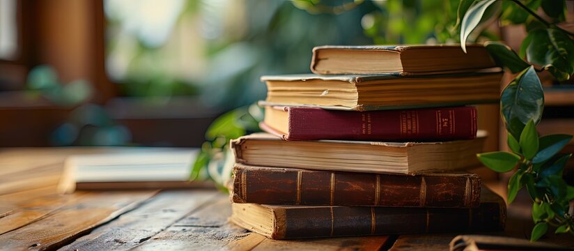 Open book with blank pages on a stack of other books on the table. Creative Banner. Copyspace image