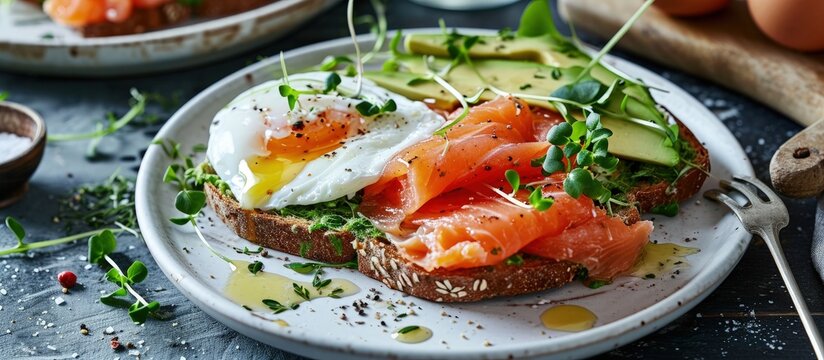 Toast with salmon poached egg and avocado on a white plate Poached egg with salmon and guacamole on rye bread. Creative Banner. Copyspace image