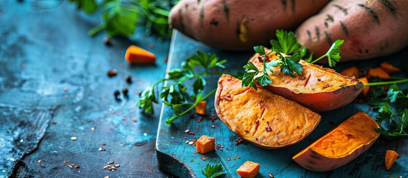 Sweet potato Cut sweet potato over blue table Sweet potato sliced ready to prepare baked pie with vegetables Top view. Creative Banner. Copyspace image