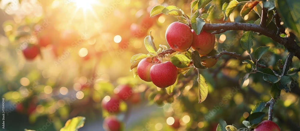 Aufkleber Red apples on apple tree branch bright rays of the sun. Creative Banner. Copyspace image
