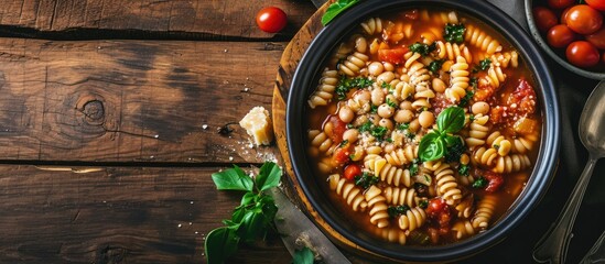 Traditional Italian dish pasta with borlotti bean broth Tasty pasta and bean soup. Creative Banner....