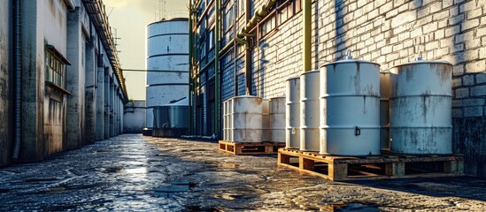 Warehouse of plastic tanks Storage pallets with tanks on street Square barrels for liquids in open air Tanks in metal crate Warehouse of flammable substances Plastic barrels for storing liquids - obrazy, fototapety, plakaty