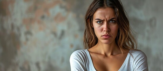 Young pregnant woman at therapy session skeptic and nervous disapproving expression on face with crossed arms negative person. Creative Banner. Copyspace image