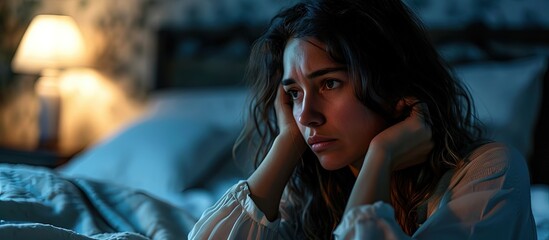 young beautiful hispanic woman at home bedroom lying in bed late at night trying to sleep suffering insomnia sleeping disorder or scared on nightmares looking sad worried and stressed - obrazy, fototapety, plakaty