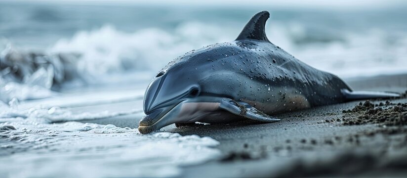 Short beaked common dolphin calf washed up on a beach and partially decayed. Creative Banner. Copyspace image