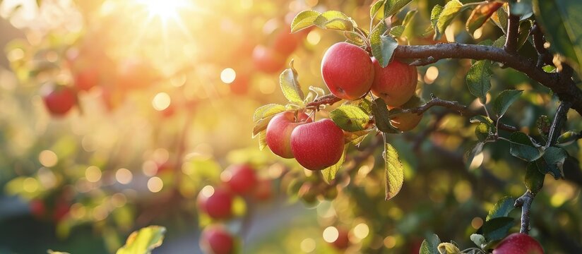 Red apples on apple tree branch bright rays of the sun. Creative Banner. Copyspace image