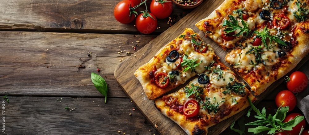 Poster rectangular pizza with mushrooms tomatoes and arugula on a wooden cutting board. creative banner. co