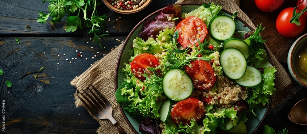 Poster quinoa salad with fresh tomatoes cucumbers and salad leaves. creative banner. copyspace image