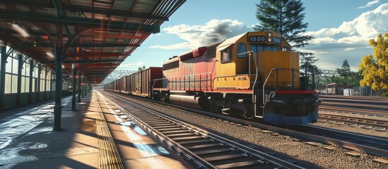 The freight train passes by the station Wagons with goods delivery. Creative Banner. Copyspace image