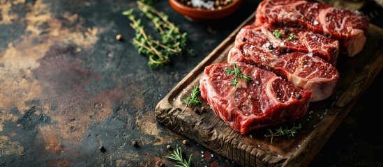 Raw dry aged wagyu entrecote beef steak roast as closeup on a rustic wooden cutting board. Creative Banner. Copyspace image - obrazy, fototapety, plakaty