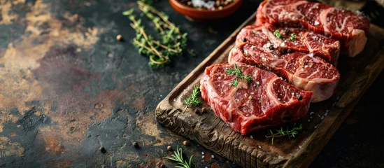 Fotobehang Raw dry aged wagyu entrecote beef steak roast as closeup on a rustic wooden cutting board. Creative Banner. Copyspace image © HN Works