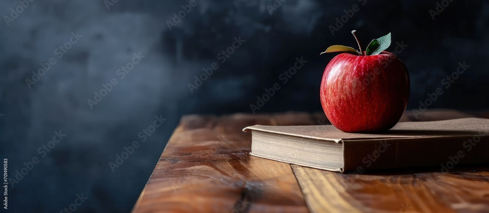 Aufkleber Open book and red apple on desk with empty chalkboard. Creative Banner. Copyspace image
