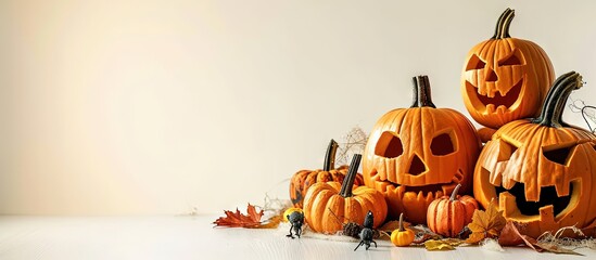 Set of carved Halloween pumpkins on white background Banner design. Creative Banner. Copyspace image