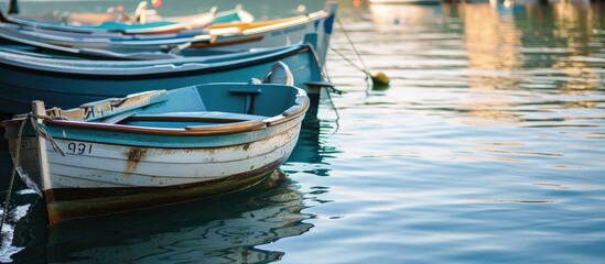 Fototapeta na wymiar Serenity at the Harbor Discover tranquility at the boat harbor as the vessels sway gently on calm waters The perfect escape to unwind and soak in the coastal charm. Creative Banner. Copyspace image