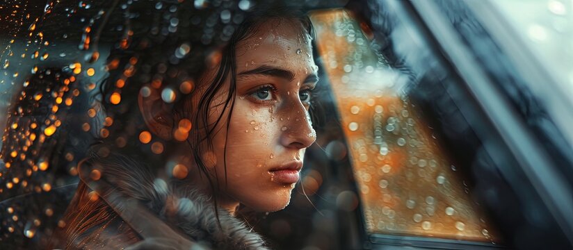 Portrait of a beautiful sad woman sitting in the car in rainy weather pensive girl looking through the window glass with rain drops autumn melancholy concept. Creative Banner. Copyspace image
