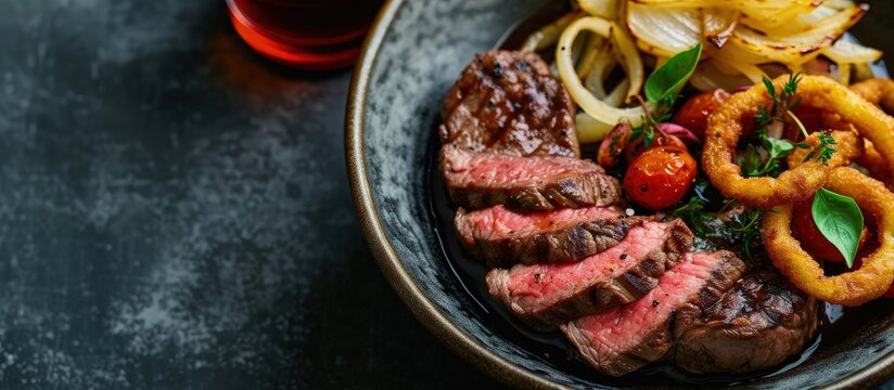Modern style traditional Cuban dry aged angus bistec encebollado steak with onion rings in soy sauce served as top view in a Nordic design bowl with copy space. Creative Banner. Copyspace image