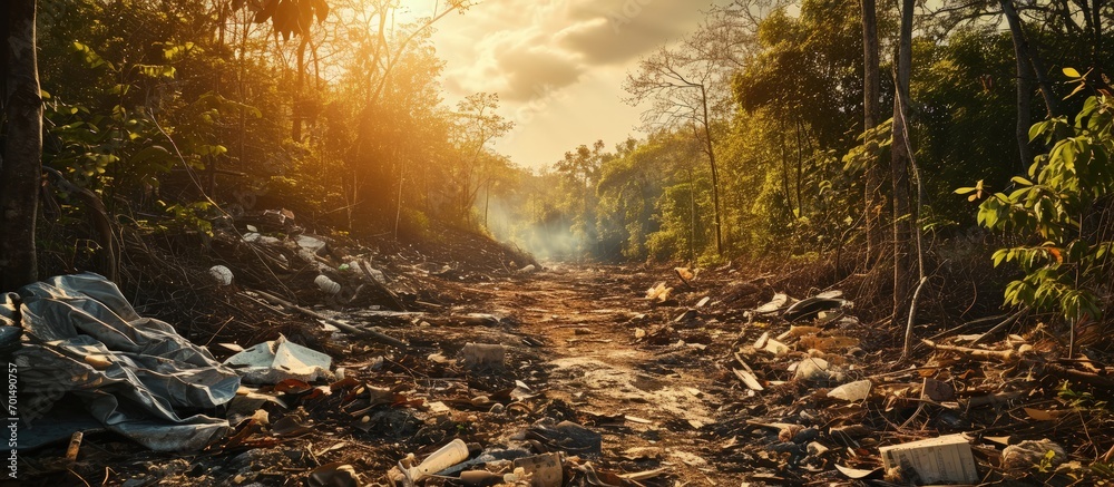 Aufkleber There is a lot of garbage in the forest The concept of human pollution of forests and nature A terrible dump in the woods. Creative Banner. Copyspace image