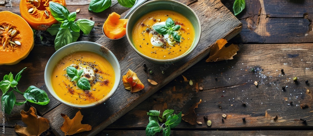 Poster pumpkin soup with cream spices and basil in two serving bowls on a natural wooden background autumn 