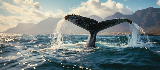 Seascape with Whale tail The humpback whale Megaptera novaeangliae tail dripping with water in...