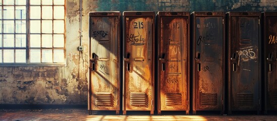 Old yellow and green metal gym gymnasium lockers with old drop ceiling. Creative Banner. Copyspace image - obrazy, fototapety, plakaty