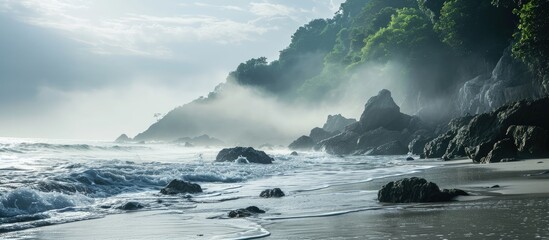 Mysterious shore of sea in early morning in calm weather with soft haze above water and yellow sand beach in mist Minimalistic and meditate atmospheric landscape. Creative Banner. Copyspace image