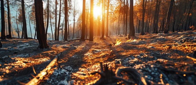 Sunlight Through the Trees of a Burnt Forest Controlled Burn. Creative Banner. Copyspace image