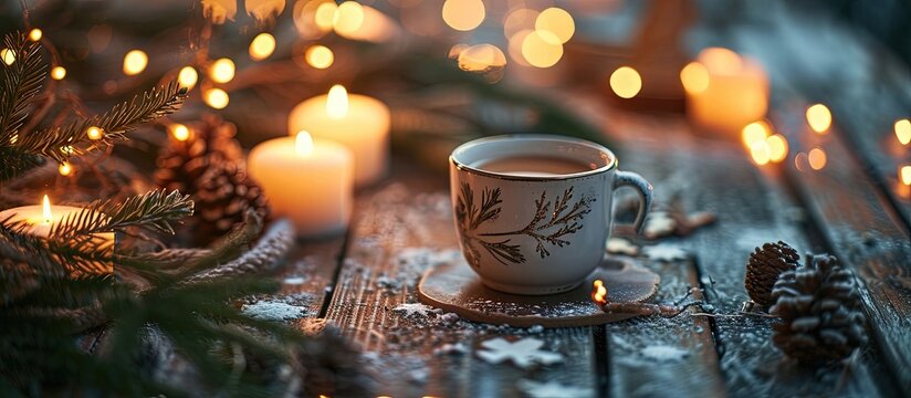 Pouring hot cocoa or coffee with milk in a cup Winter still life with hot drink and candles. Creative Banner. Copyspace image