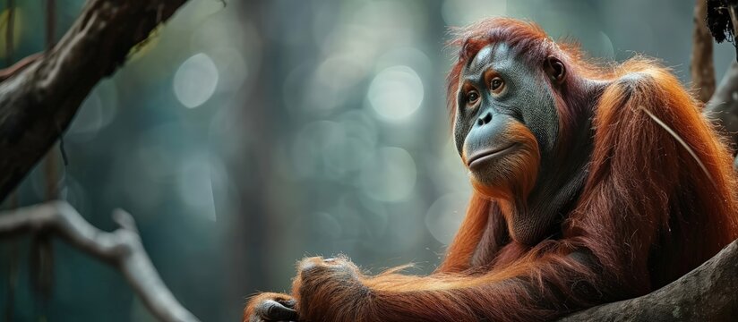 Portrait of a sad dreamy Orangutan Pongo pygmaeus which are sitting on the branch with natural background. Creative Banner. Copyspace image