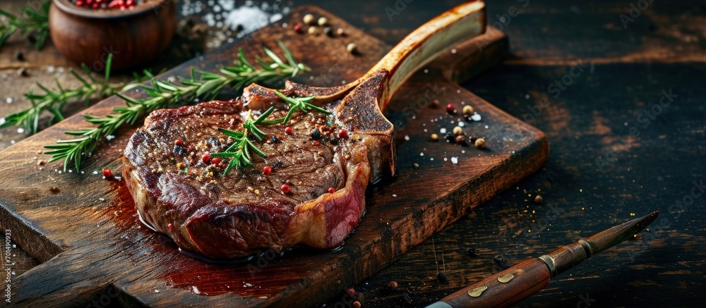 Poster raw tomahawk beef steak and spices ready for grilling. creative banner. copyspace image