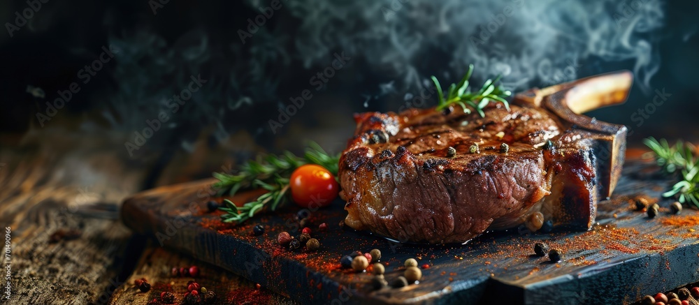 Poster raw tomahawk beef steak and spices ready for grilling. creative banner. copyspace image