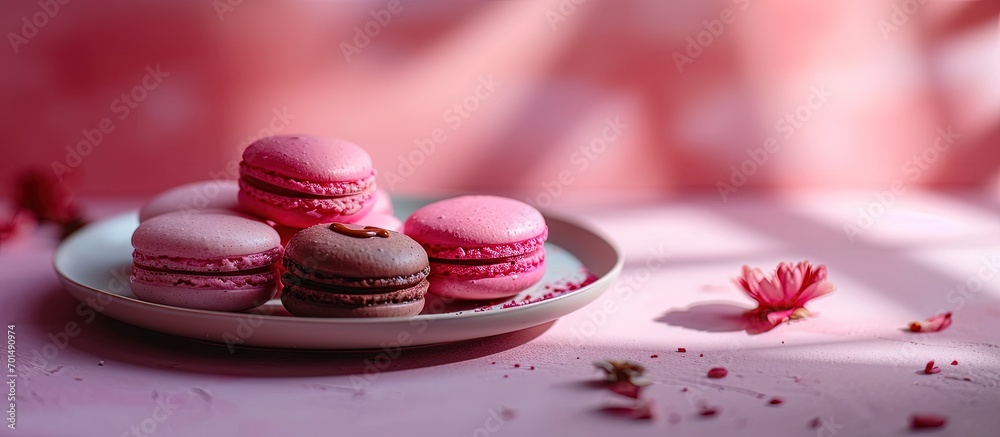 Poster small pastel colored macaroons on a square minimal style table in flat lay top view image delicious 