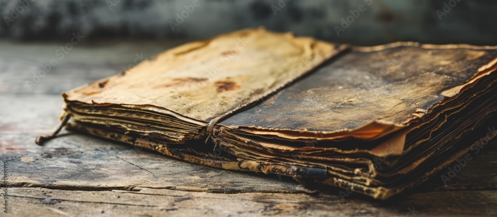 Fototapete old open notebook with yellowed and stained pages. creative banner. copyspace image