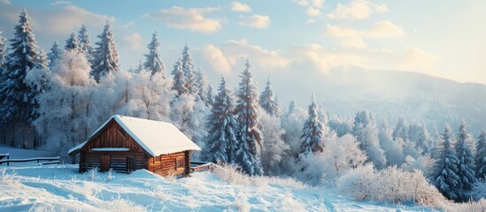 Winter landscape with a snow covered cabin at the edge of the forest in hoar frost. Creative Banner. Copyspace image