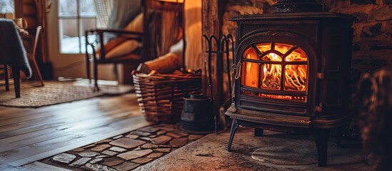 Vertical photo of wood stove fireplace with fire in metal body and glass door Wicker basket in comfort house with cozy interior in warm room. Creative Banner. Copyspace image - Powered by Adobe