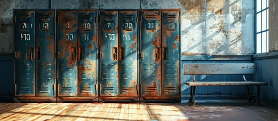 Old yellow and green metal gym gymnasium lockers with old drop ceiling. Creative Banner. Copyspace image - obrazy, fototapety, plakaty